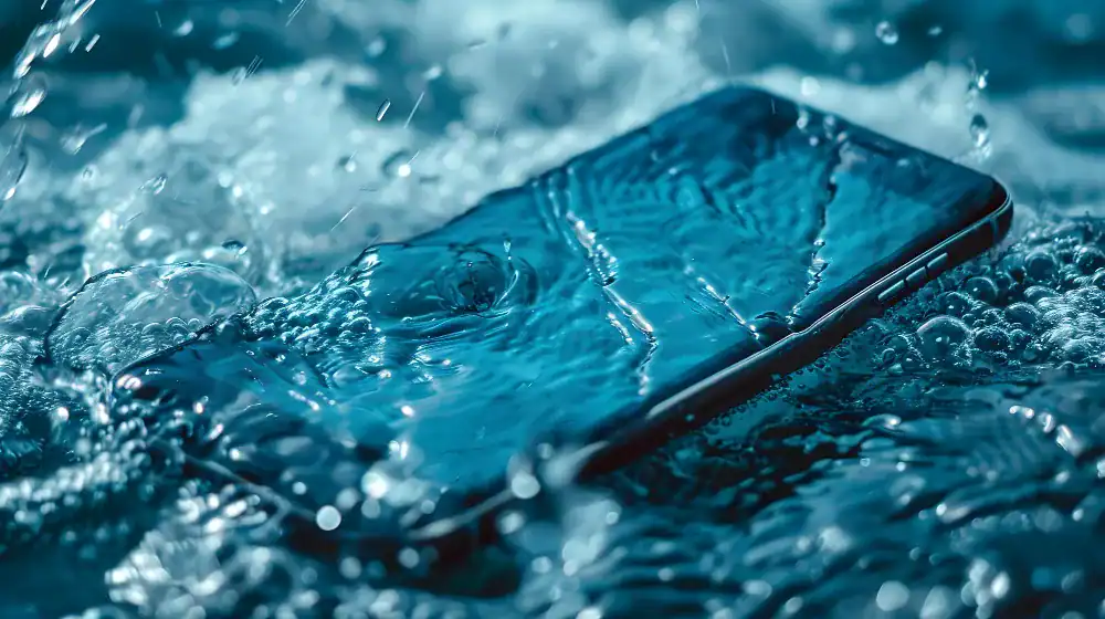 våd smartphone ved siden af glas vand på bord