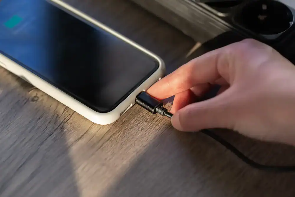 Smartphone med lavt batteri og oplader tilsluttet